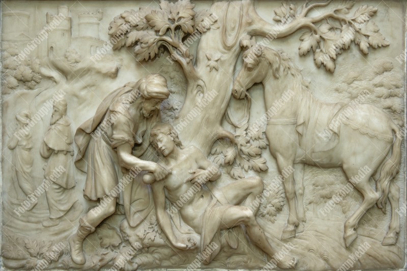 Stone facade fresco decoration scene from a building