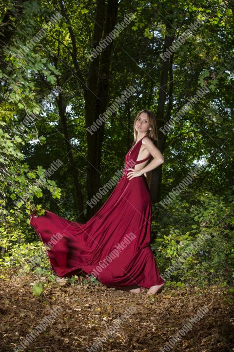 Perfect outfit for a young woman posing on forest background