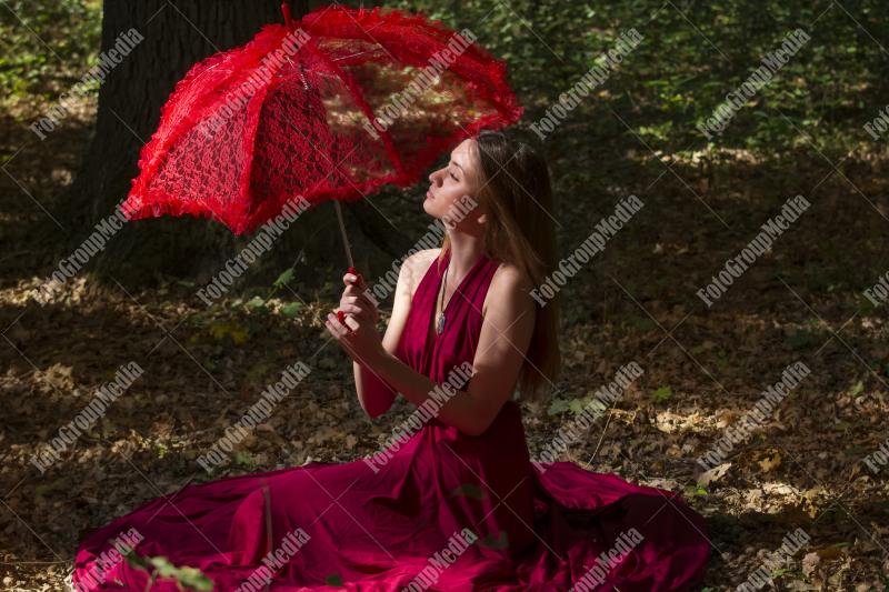 Perfect outfit for a young woman posing on forest background