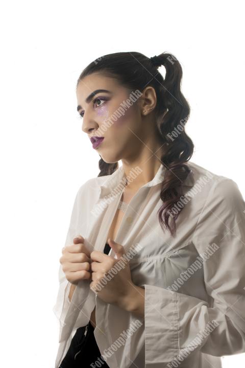 Young woman with artistic make up on white background