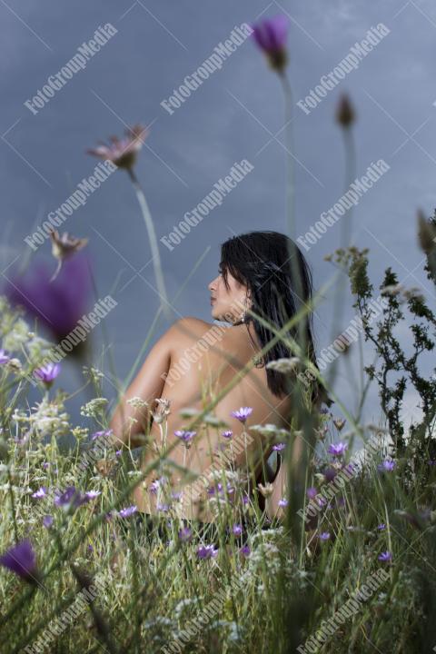 Portrait of a young brunette girl in a field of wild flowers