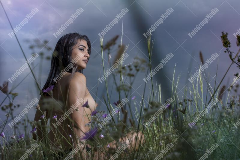 Portrait of a young brunette girl in a field of wild flowers