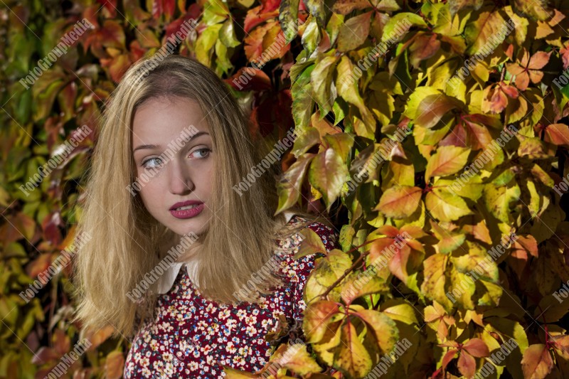 Outdoor portrait using colorful leafs as background