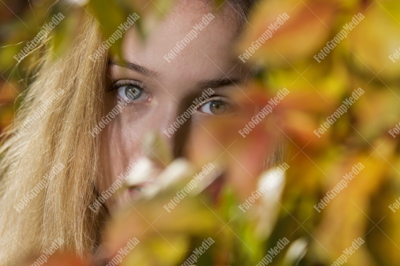 Art portrait of a young blonde woman in  autumn background