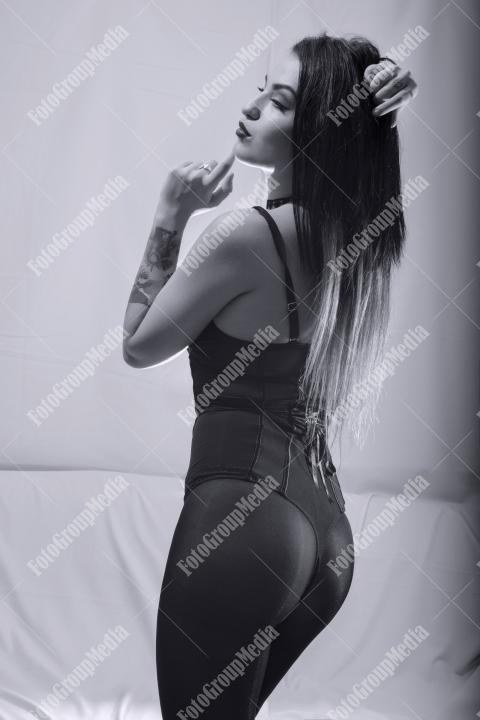 Black lingerie and black pantyhose, chic outfit