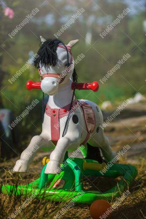 Rocking horse on garden background